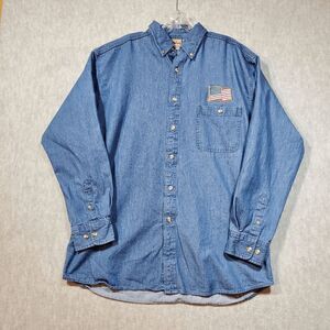 Vtg 1250 North Shirt Mens Large Blue Denim U.S. Army Amwrican Flag Button Down